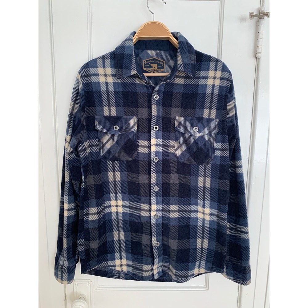 Freedom Foundry Fleece Shirt Mens M Long Sleeve Button Up Blue White Plaid